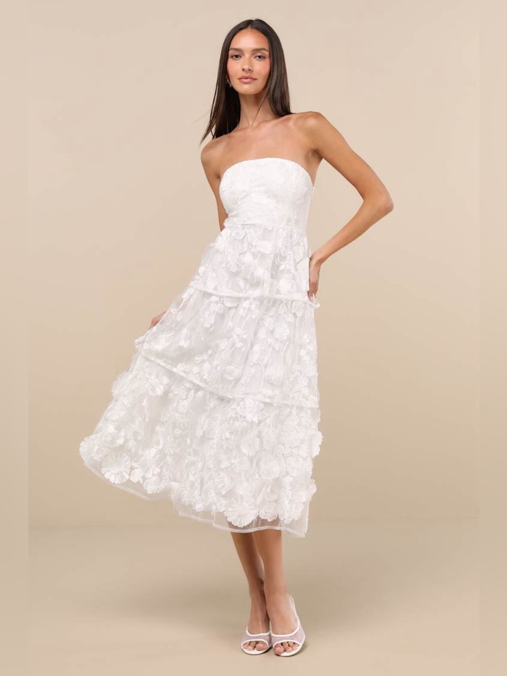 NWT Pomina White 3D Floral Appliques Tiered Midi Dress Lulus